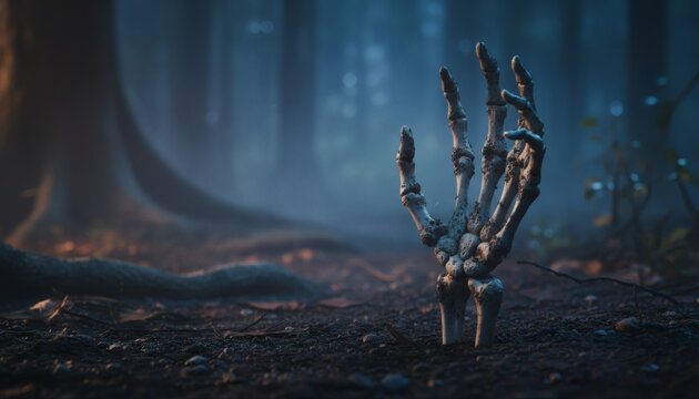 Creepy skeleton hand rising from soil in a dark misty forest at night, depicting a zombie resurrection and spooky undead nightmare for a Halloween horror concept