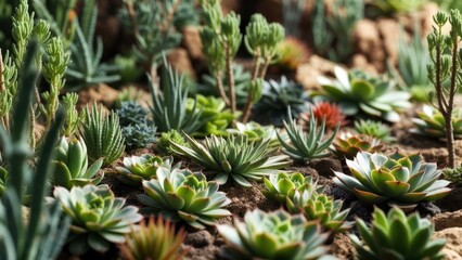 Fototapeta premium Sunlight bathes a vibrant succulent garden