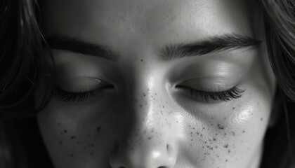 Fototapeta premium Close up black and white macro shot of a woman face. Eyes closed, visible freckles. Natural beauty, peaceful mood, skin detail. Calm expression, soft light.