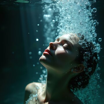Woman emerges from water, face upward, surrounded by rising bubbles. Sunlight filters through dark water, creating bright reflections on skin. Peaceful submersion and breath.