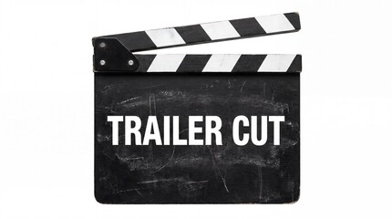 Naklejka premium Classic wooden film clapperboard featuring the text trailer cut isolated in a studio on white background