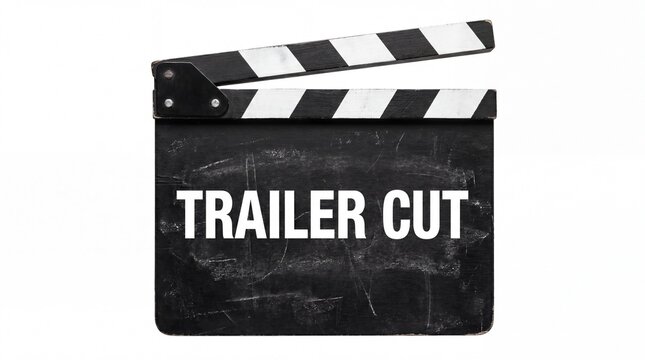 Classic wooden film clapperboard featuring the text trailer cut isolated in a studio on white background