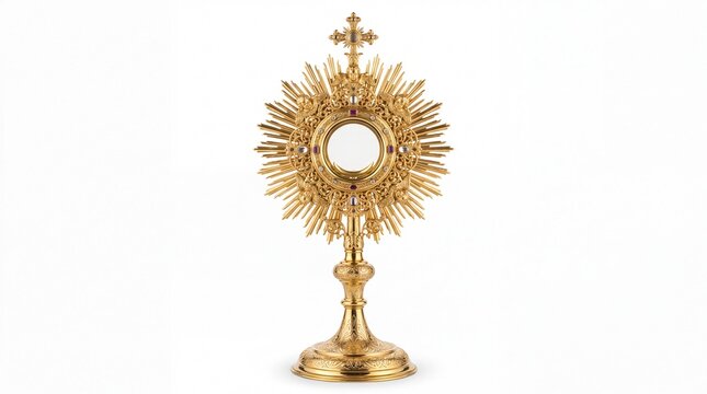 Ornate golden catholic monstrance used for holy eucharistic adoration displayed isolated on white background