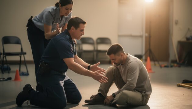 Police recruit kneeling by a mock distressed civilian during a deescalation drill behavioral health specialist guiding with blurred training room elements in warm cinematic light