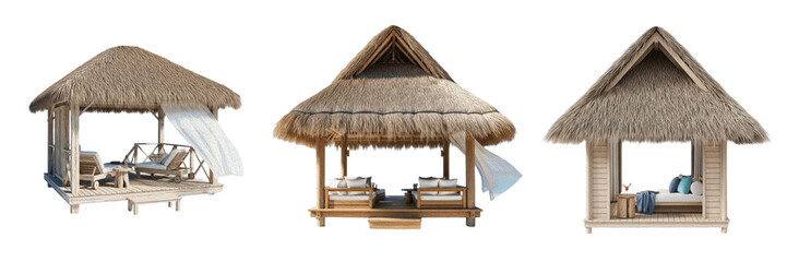Set of a tropical thatched roof beach hut, perfect for vacation travel branding, summer tourism, and resort leisure concepts © made man