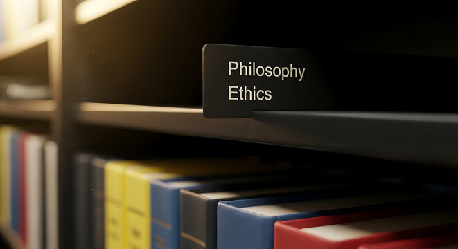 Library shelf marker for Philosophy and Ethics section with colorful book spines in a dimly lit academic archive symbolizing wisdom and moral values