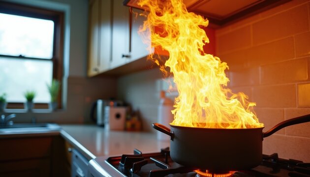 Kitchen pan on gas stove catches fire with large flames erupting. A fire blanket is used to smother the blaze. Home safety preparedness is crucial. Danger averted.