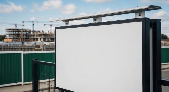 Blank construction site signboard mockup with empty white display, outdoor advertising and project branding template