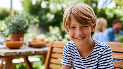 Fototapeta premium Close-up of a smiling boy sitting on a wooden garden bench during a sunny backyard family picnic, backyard picnic concept, garden bench photography, warm outdoor lifestyle,