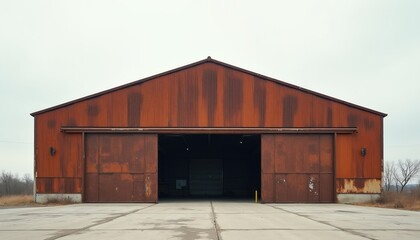 Fototapeta premium Large old rusted industrial hangar building with open sliding doors. Weathered metal structure exterior. Concrete apron outside facility. Overcast sky backdrop.