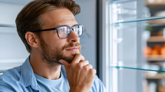 Close-up of a man looking into an empty refrigerator wondering what to eat, daily life concept, empty fridge photography, home lifestyle visualization, defocused background, with