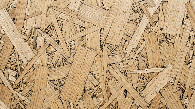Detailed texture of OSB oriented strand board wood flakes industrial building material background for construction and architectural design projects