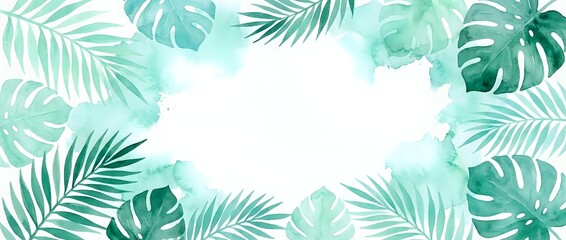 Naklejka premium Tropical foliage frame with watercolor monstera and palm leaves in shades of green and teal on white isolated background, suitable for design projects.