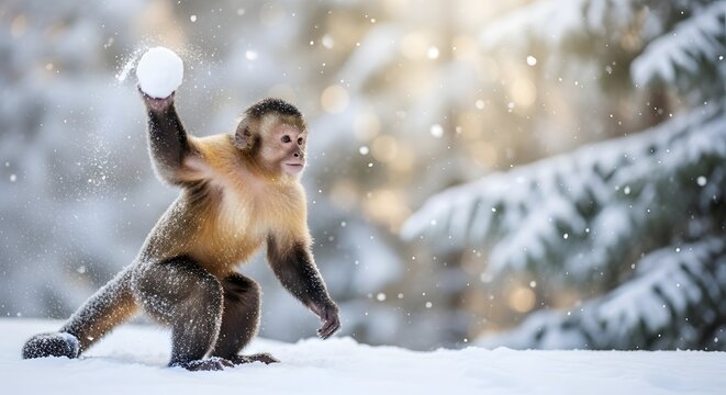 Playful Capuchin Monkey Throws a Snowball in a Winter Wonderland, Capturing a Moment of Joy