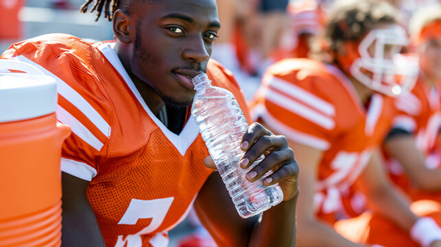 Close-up of a football player sipping water next to an orange cooler on the sidelines during a game, athlete hydration concept, sideline water photography, sports lifestyle,