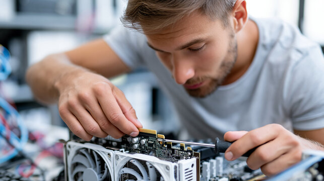 Close-up of a man repairing a computer with a video card, RAM and cooler using a screwdriver in a service center, tech repair concept, computer repair photography, service center