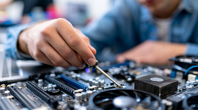 Close-up of a man repairing a computer with a video card, RAM and cooler using a screwdriver in a service center, tech repair concept, computer repair photography, service center