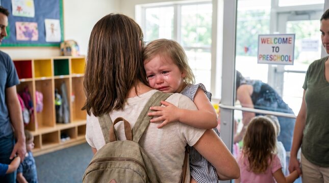 Upset toddler girl crying and clinging to her mother during morning drop-off at preschool entrance, separation anxiety and real parenting struggle concept.