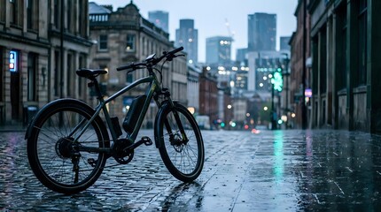 Fototapeta premium Electric bike parked on wet cobblestone street in urban downtown area with modern skyscrapers in background, suitable for transportation and eco-friendly commuting concepts.