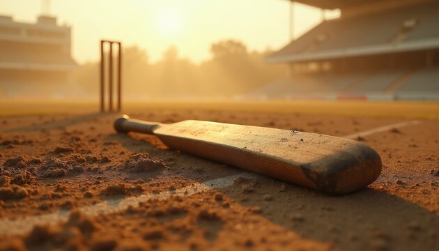Wooden cricket bat rests on dusty ground near wickets. Sun sets over empty stadium seats. Outdoor sport equipment lies on dirt pitch after game.