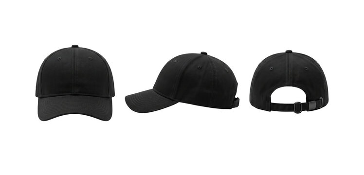 Black Baseball Cap Mockup Set, Front Side and Back View Isolated on Transparent Background