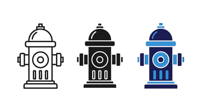 Set of Three Fire Hydrant Vector Icons in Linear Solid and Two Tone Styles for Emergency Services and Urban Safety Design