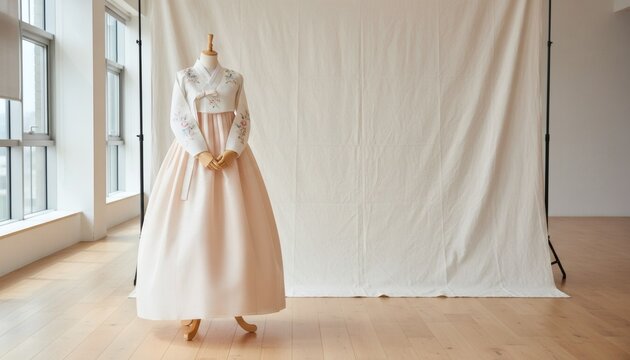 Traditional Korean hanbok displayed on a wooden mannequin in a bright studio, honoring Asian and Pasifika ancestry month concept with elegant cultural heritage fashion