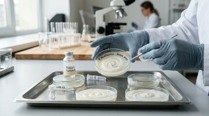 Fototapeta na wymiar Closeup of hands arranging probiotic yogurt cultures in glass petri dishes with a blurred minimal lab workspace and stainless steel trays beneath soft natural daylight