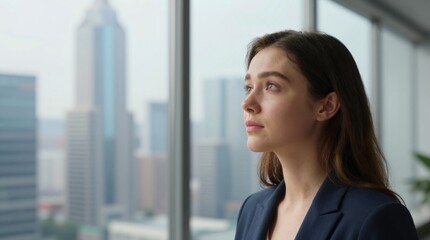 Fototapeta premium Woman in blazer looking out window at city skyline