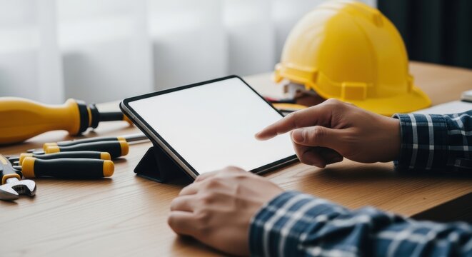 blank tablet mockup on construction desk with yellow hard hat and tools, template for builder app, website or project planning presentation