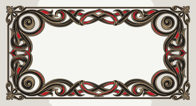 An elegant and ornate rectangular decorative frame with intricate scrollwork and swirling patterns in black, gold, and red accents, set against a light background.