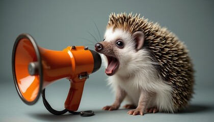 Fototapeta na wymiar Small hedgehog animal shouts into orange megaphone. Cute spiky mammal makes loud noise with loudhailer. Fun protest or announcement concept with wild creature.