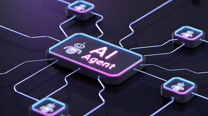 Fototapeta na wymiar Futuristic 3D render illustrating an AI AGENT network. Central glowing glass button connected to multiple smaller robot icons via digital circuits on a dark surface.