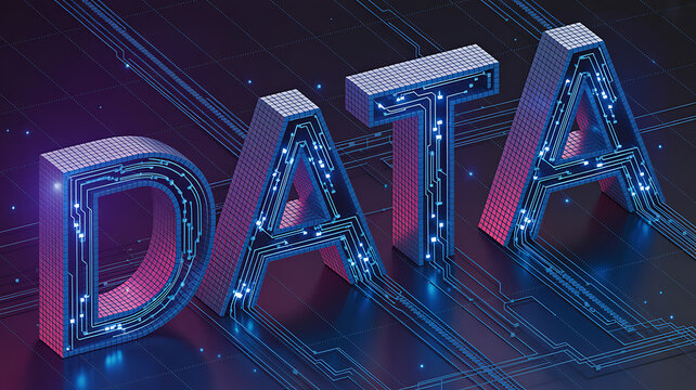 Futuristic 3D render of the word DATA formed by glowing blue digital lines and circuits on a dark grid background. Concept of big data, technology, and cyberspace.