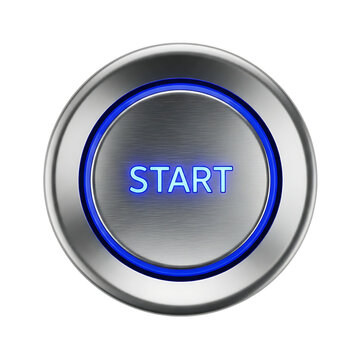 A shiny silver start button with blue light on transparent background