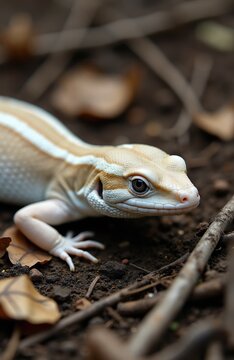 Pale reptile with white stripes rests on forest floor. Close up of lizard skin texture and unique pattern. Small creature camouflaged among dry leaves and soil in its natural habitat.
