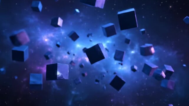 Floating dark cubes, a cosmic scene with a nebulous background