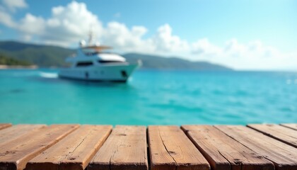 Fototapeta premium Wooden pier foreground with luxury yacht cruising on bright blue sea water. Tropical island hills in background under clear sky. Relaxing vacation scene.