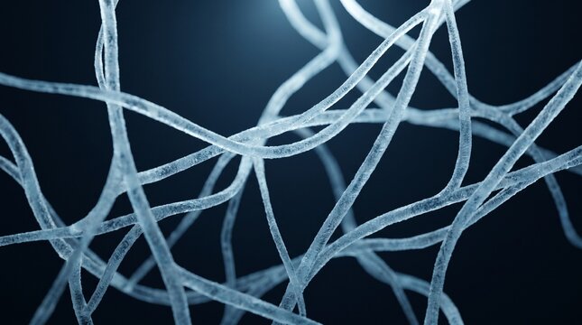 Cryo-frozen data lattice with delicate ice crystals forming an intricate network of frosted microscopic fibers on a dark blue background