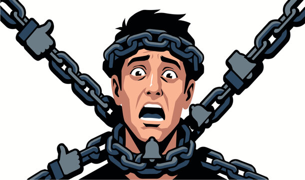 Vector illustration of a scared man trapped and suffocated by heavy steel chains, social media anxiety and digital addiction concept.