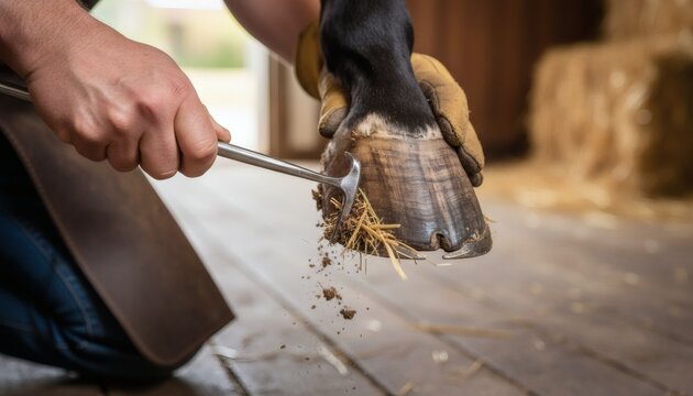 Close-up of a horse hoof being cleaned by a farrier inside a stable barn, representing equine hoof care, daily maintenance and preparation for horse riding concept