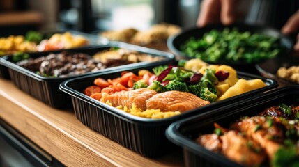 Obraz premium Balancing healthy meals in containers with fresh vegetables, proteins, and grains is seen in a bright kitchen with warm light