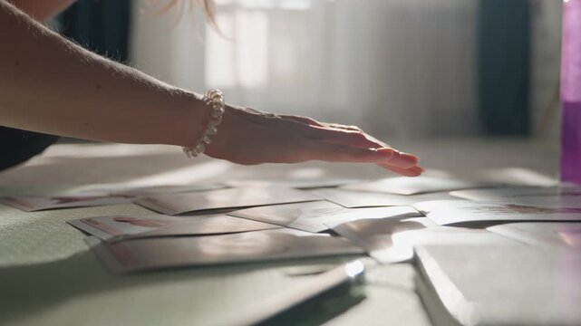 Home mat hands choosing workout cards. Low angle view of white woman hand and wrist bracelet sorting exercise cards on mat beside purple water bottle, warm sunlight, gentle tactile movements, planning