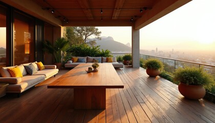 Obraz premium Spacious patio deck with city views at sunset. Outdoor seating and large wood table set for dining or relaxation. Green plants surrounds modern luxury living space.