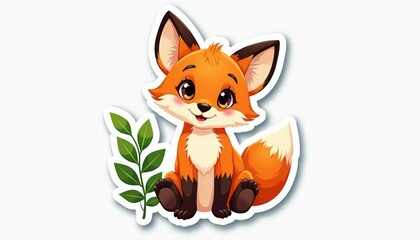 Naklejka premium Cute cartoon fox sits near green leaves branch. Friendly orange vulpine animal with big eyes and bushy tail. Adorable little wild creature illustration. Baby fox sticker art.
