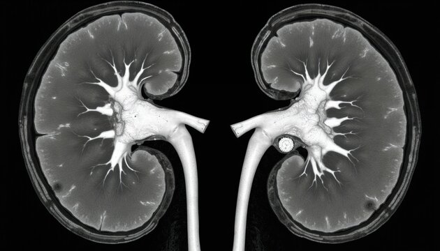 MRI scan shows healthy human kidneys. Internal structures of renal pelvis calyces, cortex medulla appear normal. Medical diagnostic imaging for health and science.