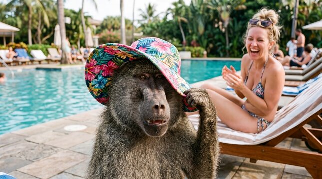 A baboon wears a colorful floral sun hat by a resort pool while a woman laughs hysterically on a lounge chair behind it. The vibe is incredibly goofy, amusing, and playful.