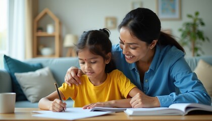 Obraz premium Indian mother helps daughter with homework at table. Young girl writes in notebook. Woman smiles, supports child with hand on shoulder. Home learning and family bond.