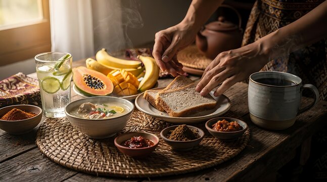Person preparing breakfast with toast, fruit, and bowls on a table indoors.