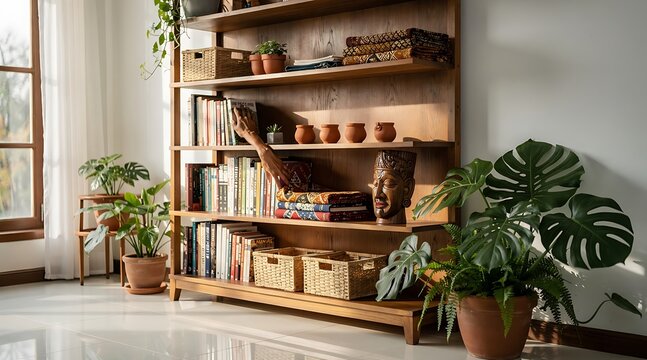 Cozy living room corner with wooden bookshelf, plants, and decorative items near a window